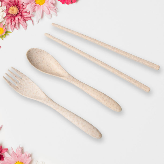 Rice Bowl Noodle 1 Bowl with 1 Lid and Handle Wheat Straw Noodle Bowls with Wheat Straw 1 Fork, 2 Chopsticks, 1 Spoon for Soup Salad Cooker Snack Set (6 Pcs Set)