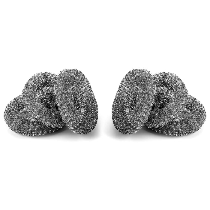 Set of 6 stainless steel scourers for tough cleaning jobs in the kitchen. Durable and rust-resistant.